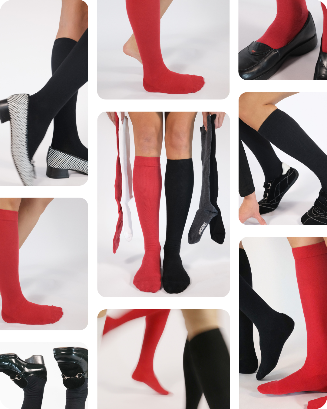 Collage of red and black knee-high socks with shoes on a white background