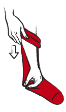 Illustration of a hand putting on a red sock with an arrow indicating direction.