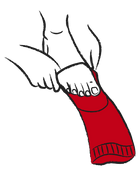 Red sock being put on a foot with a white background
