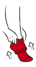 Illustration of a hand putting on a red sock with arrows indicating the action.