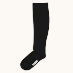 Black knee-high compression sock with 'MODE' branding on a white background